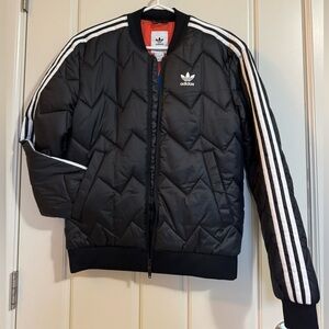 Adidas Black Puffer Jacket with White Stripes